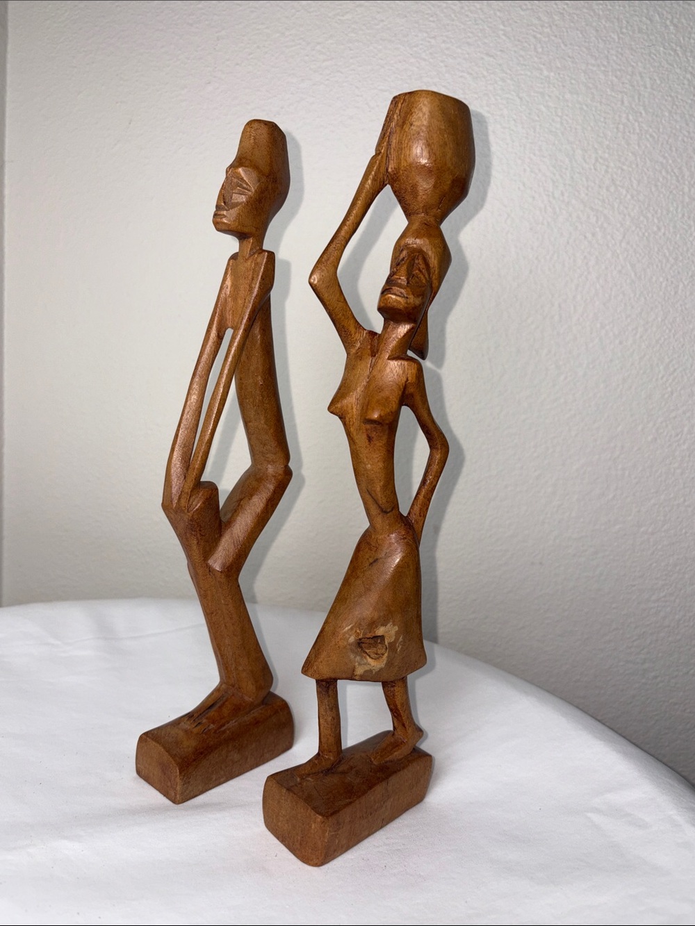 Vintage African Hand Carved Wood Figurine Set ~ 11” MCM Boho Tribal Statues